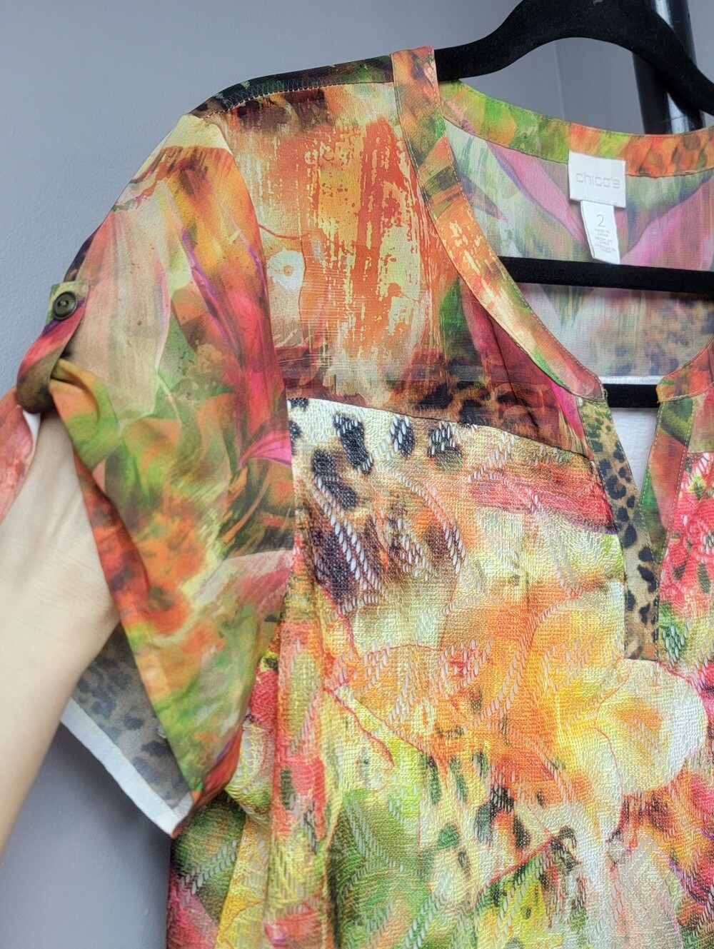 Chico's 2 Pieces Top Blouse Blue Orange Green Chiffon Sumer Abstract Multicolor - Picture 6 of 16